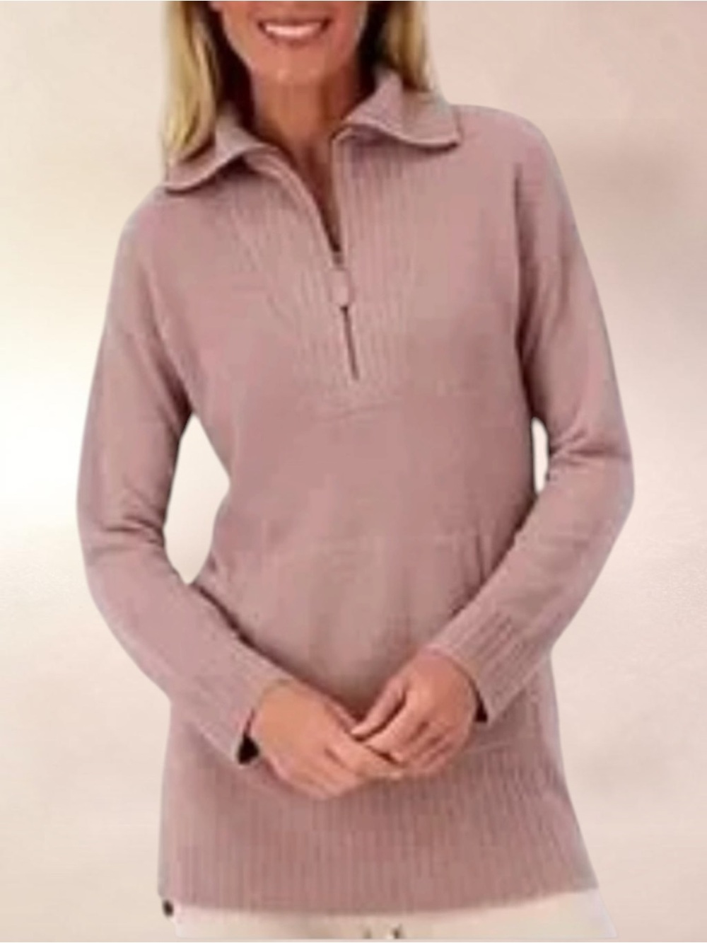 New! Barefoot Dreams CozyChic Lite High
Rib Half Zip Tunic Mauve